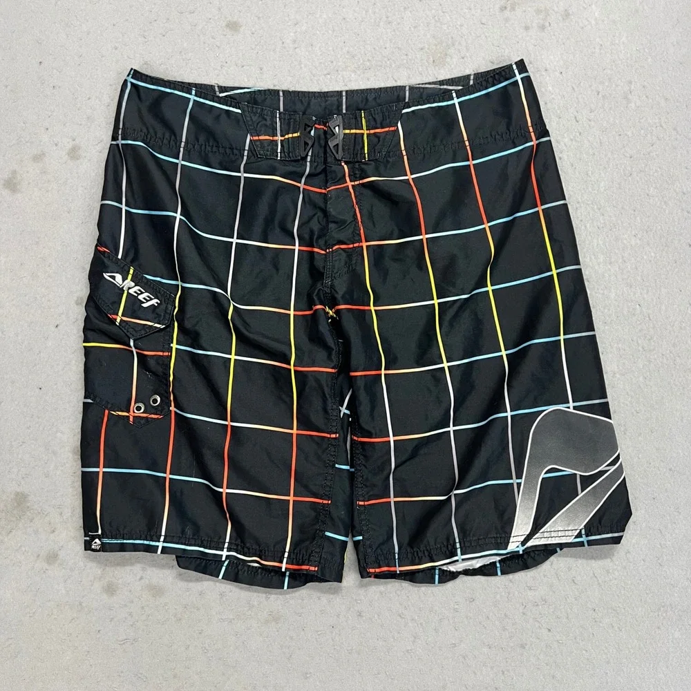 Reef Mens Board Shorts Size 38 Black Multi Color Grid Plaid Surf Swim Trunks